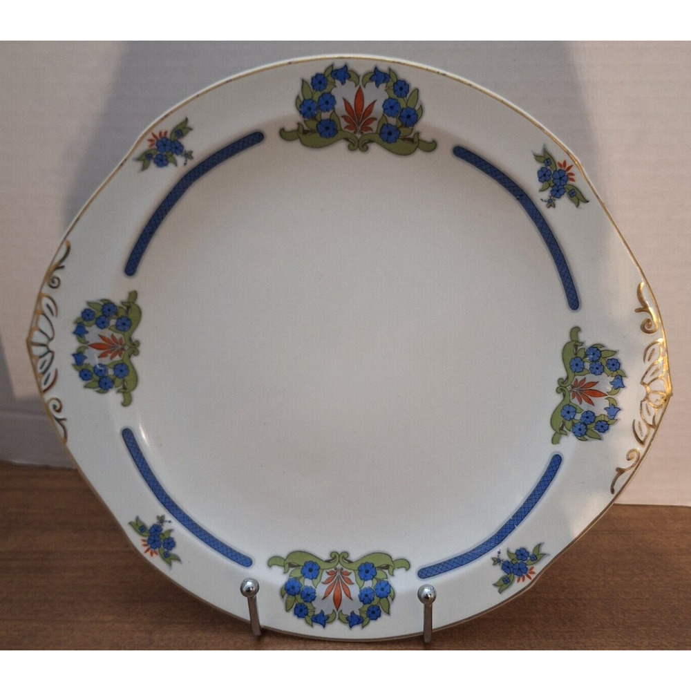 Vintage 1920's Prestwick W H Grindley Blue, Orange, Gold Rim 10.25" Cake Plate